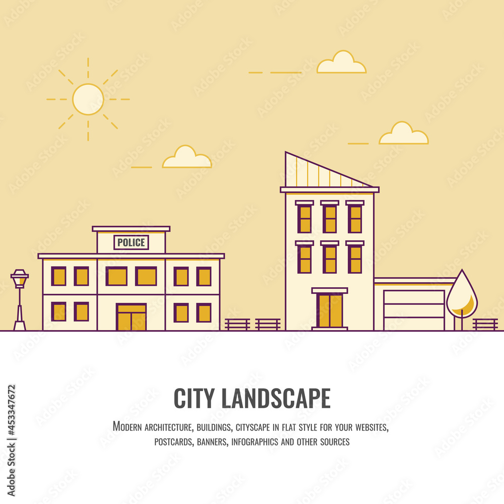 City landscape. City apartment house. Office. Cityscape. Real estate concept. Yellow flat illustration. Business. Line style. Flat vector illustration. Ecology. eps10. Street light. Trees.