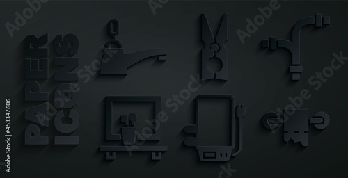 Set Electric boiler, Industry metallic pipe, Washbasin mirror, Toilet paper roll, Clothes pin and Water tap icon. Vector