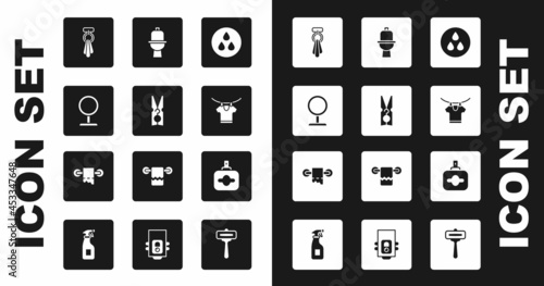 Set Water drop, Clothes pin, Round makeup mirror, Towel on hanger, Drying clothes, Toilet bowl, Perfume and paper roll icon. Vector