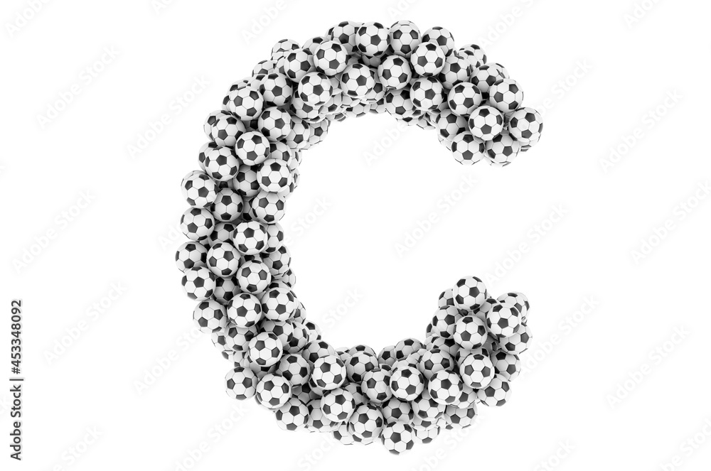 Letter C from soccer balls or football balls, 3D rendering Letter C from soccer balls or football balls, 3D rendering