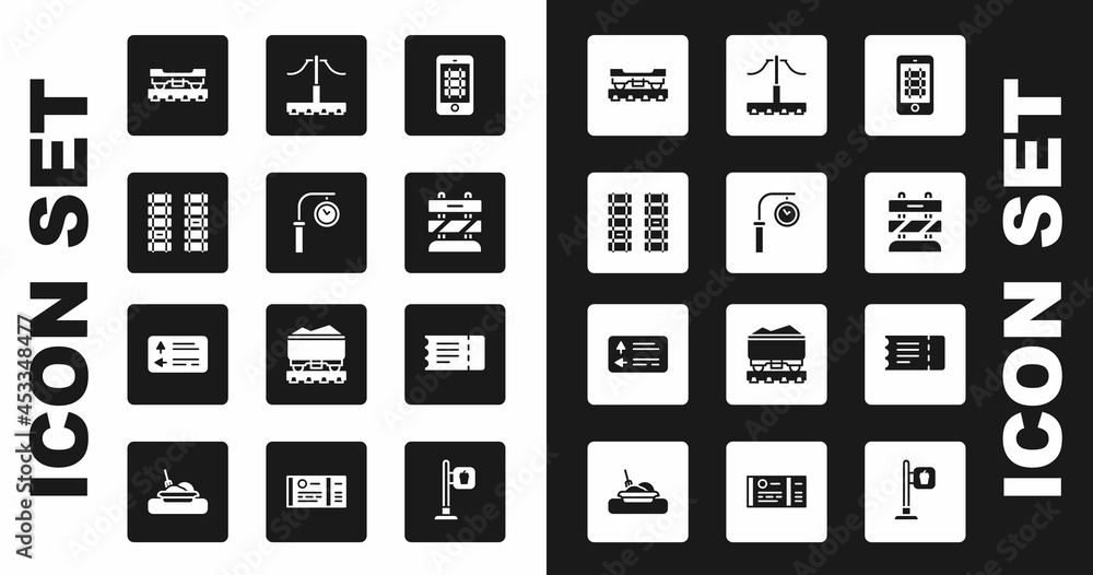 Set Buy train ticket online, Train station clock, Railway, railroad track, Cargo wagon, End of railway tracks, and Road traffic signpost icon. Vector Set Buy train ticket online, Train station clock, Railway, railroad track, Cargo wagon, End of railway tracks, and Road traffic signpost icon. Vector