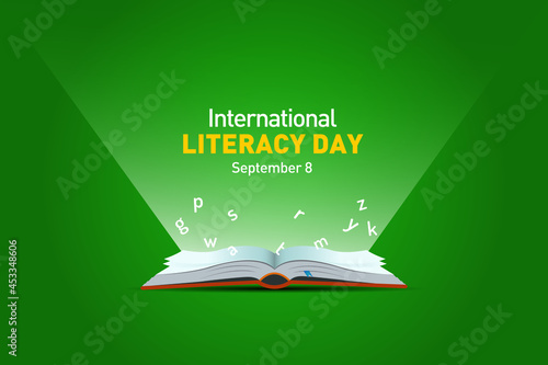 International Literacy Day Vector illustration of open book with alphabet letters and earth. Children education background or learning event concept.