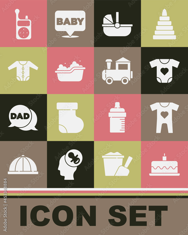 Set Cake with burning candles, Baby clothes, stroller, bathtub, Monitor Walkie Talkie and Toy train icon. Vector Set Cake with burning candles, Baby clothes, stroller, bathtub, Monitor Walkie Talkie and Toy train icon. Vector
