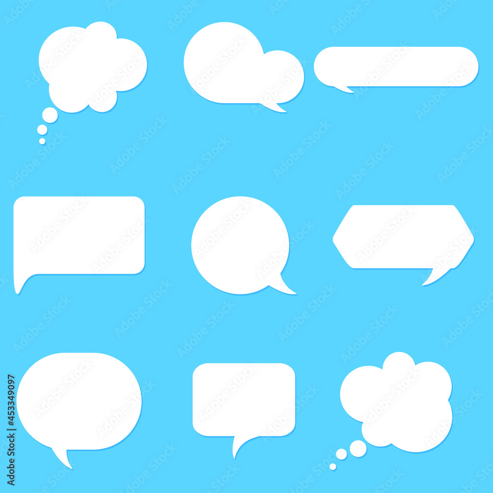 Thought cloud set. Thought bubble. Nine white vector icons on a blue background.