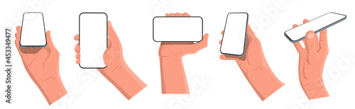 Hand holds a mobile phone with a white screen. In the style of cartoon, Concept of electronic mobile device, a set of different poses of the phone in hand. Isolated on white background