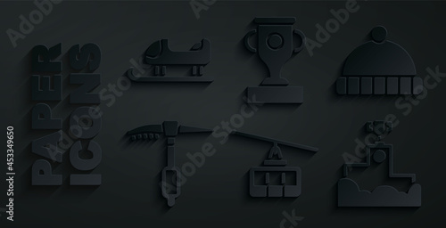 Set Cable car, Winter hat, Ice axe, Award winner podium, cup and Sled icon. Vector