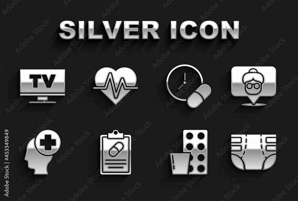 Set Medical prescription, Nursing home, Adult diaper, Pills blister pack, Male head with hospital, Medicine pill or tablet, Smart Tv and Heart rate icon. Vector Set Medical prescription, Nursing home, Adult diaper, Pills blister pack, Male head with hospital, Medicine pill or tablet, Smart Tv and Heart rate icon. Vector