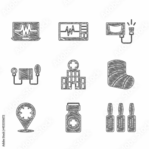 Set Medical hospital building, Medicine bottle and pills, vial, ampoule, Gypsum, Location with cross, Blood pressure, Ultrasound and Laptop cardiogram icon. Vector