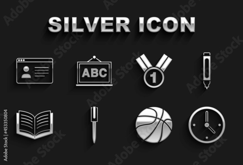 Set Pen, Marker pen, Clock, Basketball ball, Open book, Medal, Online class and Chalkboard icon. Vector
