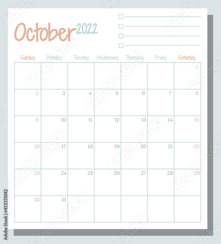 October 2022 calendar month planner with To Do List, week starts on Sunday, template, mock up calendar leaf illustration. Vector graphic page