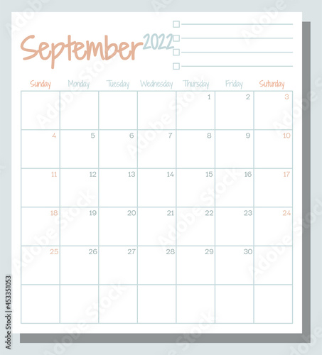 September 2022 calendar month planner with To Do List, week starts on Sunday, template, mock up calendar leaf illustration. Vector graphic page