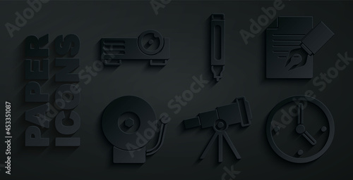 Set Telescope, Exam sheet and pencil, Ringing alarm bell, Clock, Marker and Movie, film, media projector icon. Vector