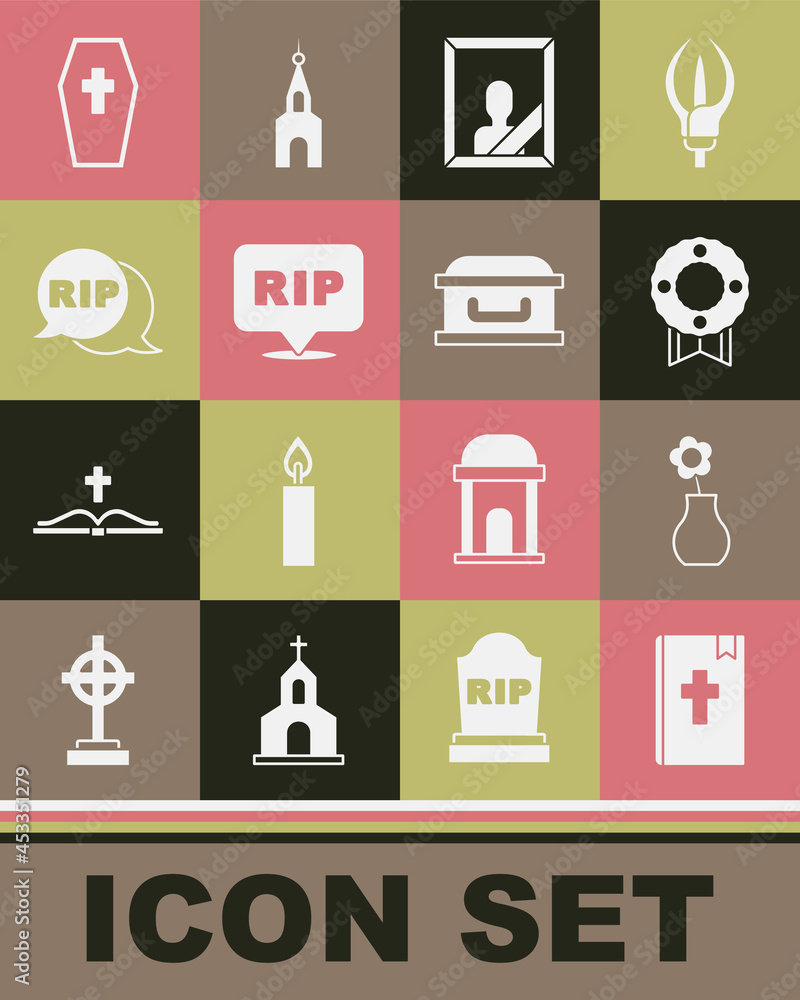 Set Holy bible book, Flower in vase, Memorial wreath, Mourning photo frame, Speech bubble rip death, Coffin with cross and icon. Vector Set Holy bible book, Flower in vase, Memorial wreath, Mourning photo frame, Speech bubble rip death, Coffin with cross and icon. Vector