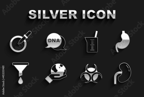 Set Hand holding Earth globe, Human stomach, kidney, Biohazard symbol, Funnel or filter, Laboratory glassware beaker, Petri dish with pipette and DNA icon. Vector