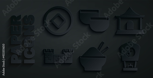 Set Rice in bowl with chopstick, Chinese house, Great wall of China, paper lantern, tea ceremony and Yuan currency icon. Vector