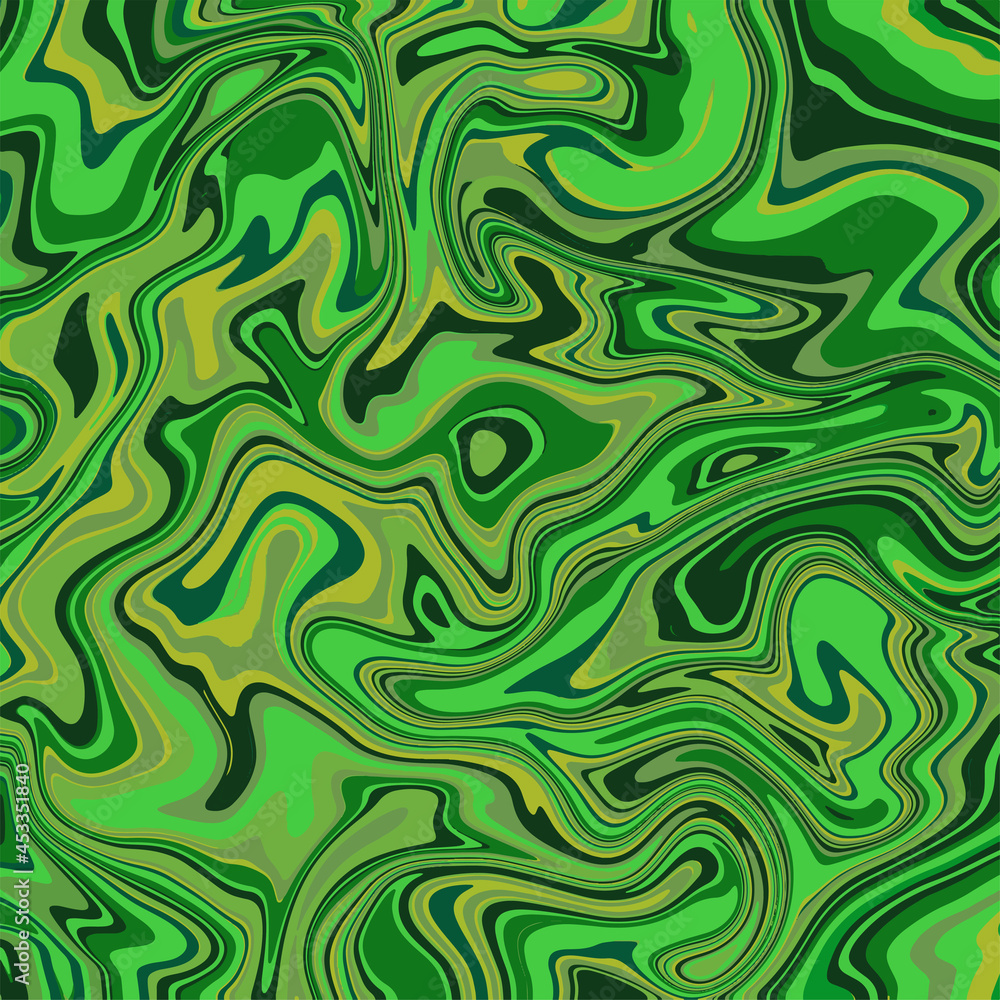 Liquid art texture. Abstract background with swirling paint effect. Green color. Painting with liquid acrylic that pours and splashes. Mixed paints for an interior poster.