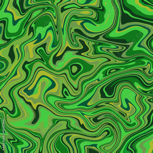 Liquid art texture. Abstract background with swirling paint effect. Green color. Painting with liquid acrylic that pours and splashes. Mixed paints for an interior poster.