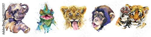 Watercolor set of forest african isolated cute baby elephant, tiger cub, lion, monkey, chameleon lizard animal. woodland illustration.
