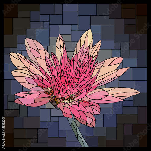 Vector square mosaic with blooming small pink Xeranthemum flower in stained glass window.