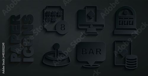 Set Alcohol bar location, Slot machine with jackpot, Casino roulette wheel, chip and playing cards, Online poker table game and Lottery ball bingo icon. Vector