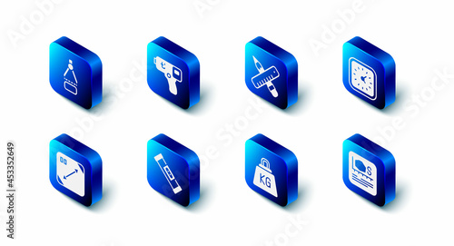 Set Digital thermometer, Crossed ruler and pencil, Clock, Area measurement, Weight, Construction bubble level, Diagonal measuring and Drawing compass icon. Vector