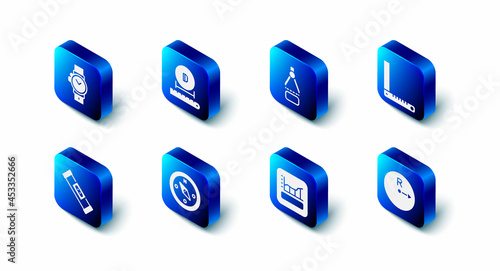 Set Diameter, Drawing compass, Corner ruler, Radius, Graph, schedule, chart, diagram, Compass, Construction bubble level and Wrist watch icon. Vector