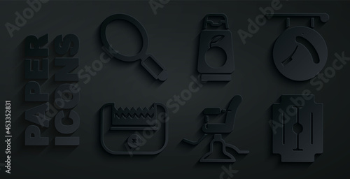 Set Barbershop chair, with razor, Electrical clipper, Blade, Bottle of shampoo and Hand mirror icon. Vector