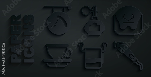 Set Towel on a hanger, Mustache and beard, Coffee cup, Electrical hair clipper, Aftershave and Barbershop with razor icon. Vector