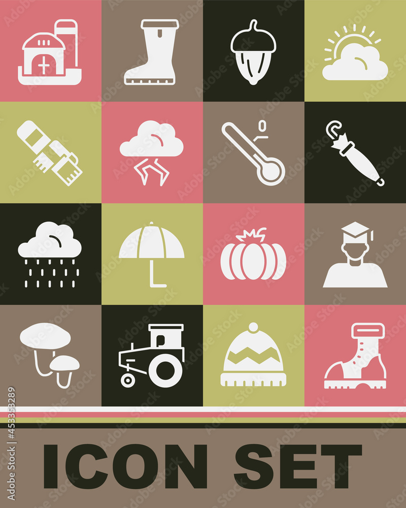 Set Waterproof rubber boot, Graduate and graduation cap, Umbrella, Acorn, Storm, Winter scarf, Farm house and Meteorology thermometer icon. Vector Set Waterproof rubber boot, Graduate and graduation cap, Umbrella, Acorn, Storm, Winter scarf, Farm house and Meteorology thermometer icon. Vector