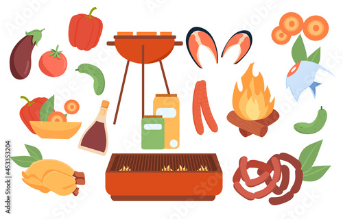 Barbecue elements set. Collection of equipment for cooking bbq. Stickers with vegetables, fire, meat, spices and grill machine. Cartoon flat vector set of illustrations isolated on white background