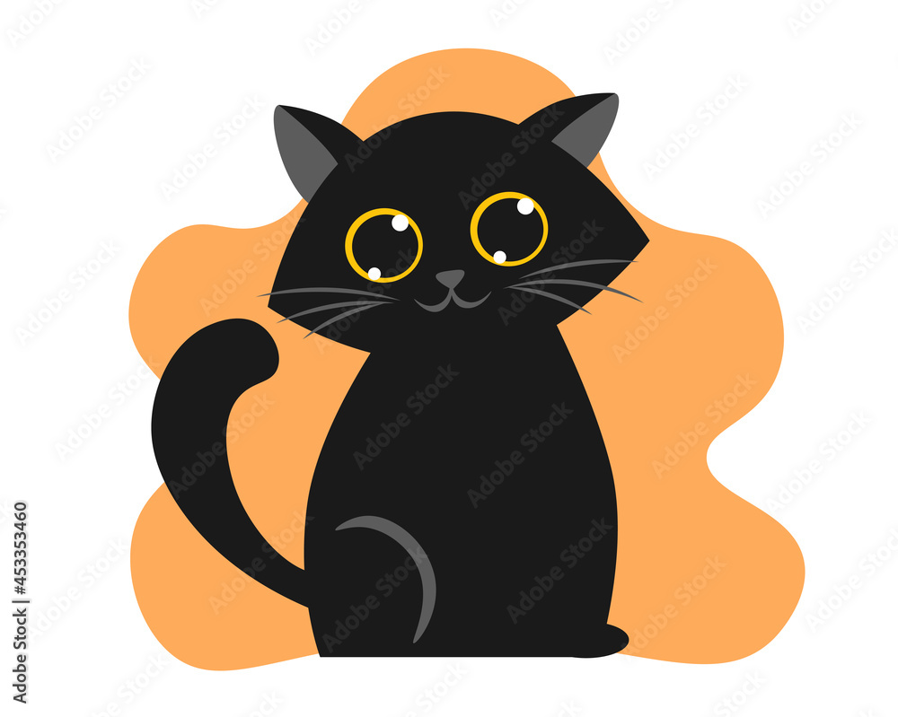 Cute black cat. Happy Halloween. Furry animal with big shiny eyes. Pet  character on orange geometric background. Art for postcards and posters.  Cartoon flat vector illustration on white background Stock Vector |