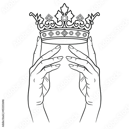 Two beautiful female hands holding royal crown adorned with gems. Creative concept. Black and white linear silhouette.