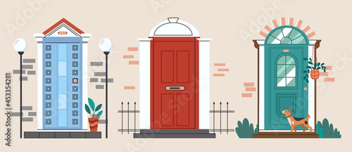 Set of vintage Front Doors. Exterior of house. Retro apartment entrance door with a dog. Collection of various external elements of home. Cartoon flat vector illustrations isolated on beige background