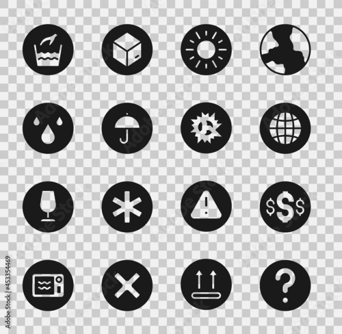 Set Unknown search, Dollar symbol, Social network, Sun, Delivery package with umbrella, Water drop, Hand wash laundry and Bomb explosion icon. Vector