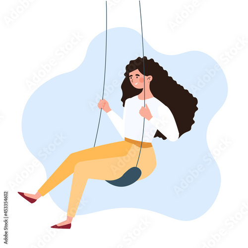 Love and time for yourself. Happy woman swings on carousels. Young smiling mother takes break and relaxes. Taking care of yourself. Cartoon flat vector illustration isolated on white background