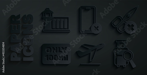 Set Plane takeoff, No scissors, Liquids in carry-on baggage, Lost, cell phone and Airport control tower icon. Vector