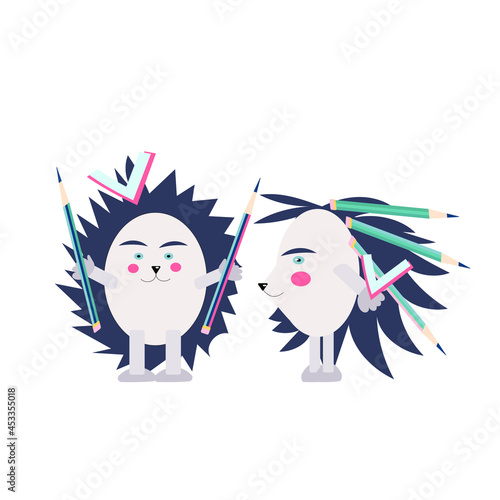 Cute autumn hedgehogs student and schoolboy with pencils and books