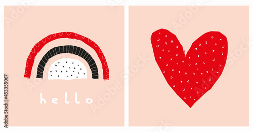 Cute Hand Drawn Boho Vector Illustartion with Rainbow and Heart. Childish Style Print with Red Dotted Heart and Simple Rainbow on a Blush Pink Background. Nursery Art ideal for Card, Poster.