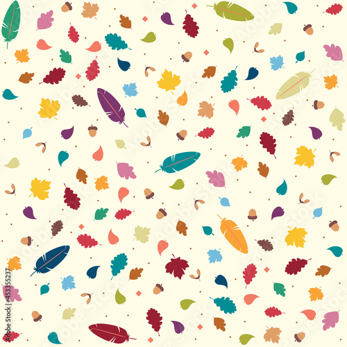 Tiny, colorful foliage and feathers scattered about in a charming fall pattern. This cute autumnal pattern repeats seamlessly and is perfect for backgrounds and surface designs.