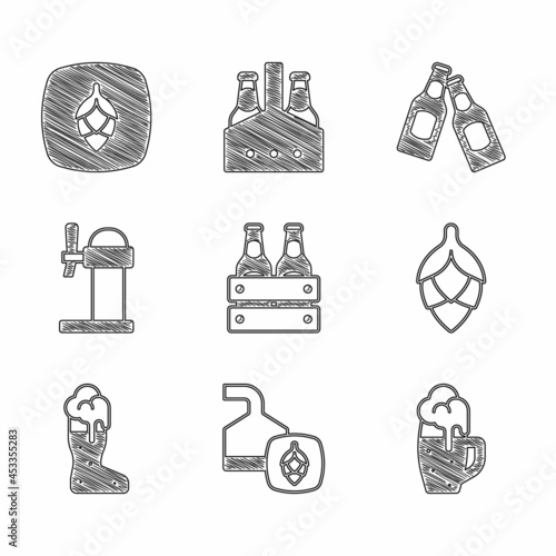 Set Pack of beer bottles, Beer brewing process, Glass, Hop, Boot glass, Dispenser, and icon. Vector