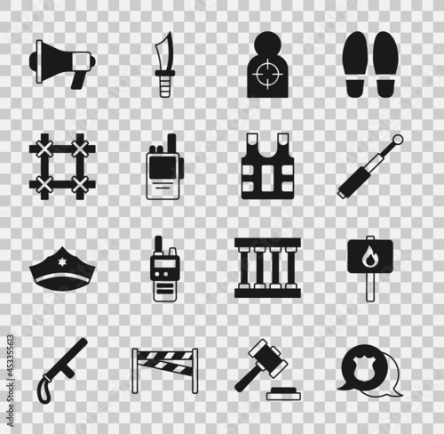 Set Police badge, Protest, Telescopic baton, Human target sport for shooting, Walkie talkie, Prison window, Megaphone and Bulletproof vest icon. Vector