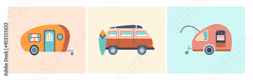 Road home Trailer concept. Mobile house for country and nature vacation. Family trip on comfortable van. Set for postcards and posters. Cartoon flat vector collection isolated on white background