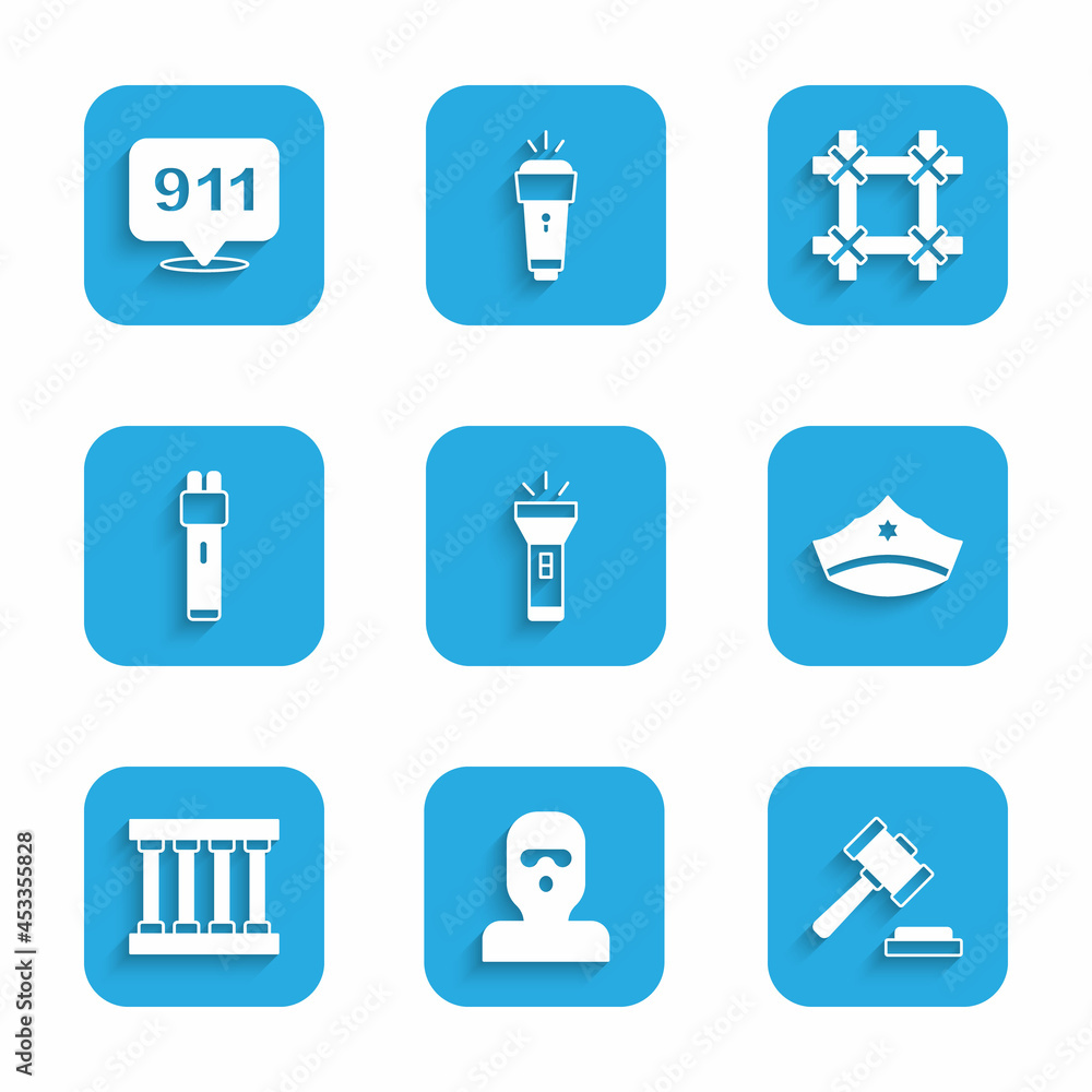 Set Flashlight, Thief mask, Judge gavel, Police cap with cockade, Prison window, electric shocker, and Telephone call 911 icon. Vector Set Flashlight, Thief mask, Judge gavel, Police cap with cockade, Prison window, electric shocker, and Telephone call 911 icon. Vector