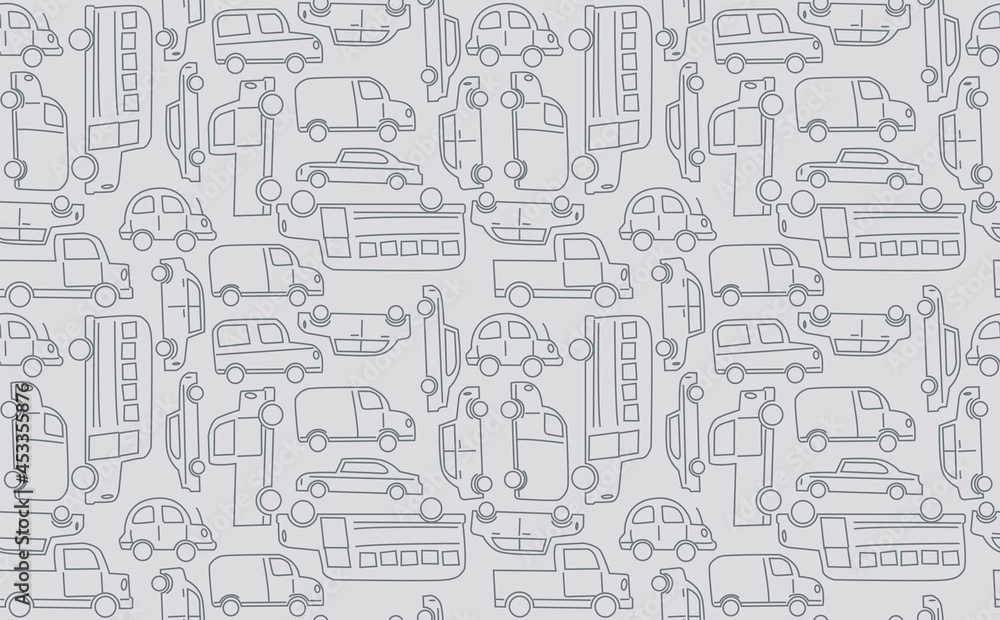 Cute seamless vector pattern featuring cars, busses, vans, and trucks. Repeating patterns are great for backgrounds and surface designs.