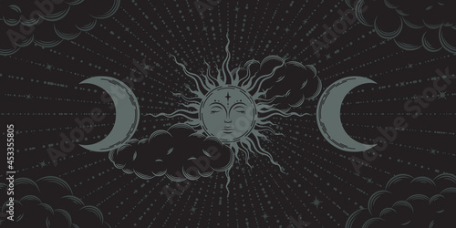 Mystical boho background including the sun with face, the moon, clouds and beams. Vector illustration in retro style on black backdrop. Esoteric banner with magical signs