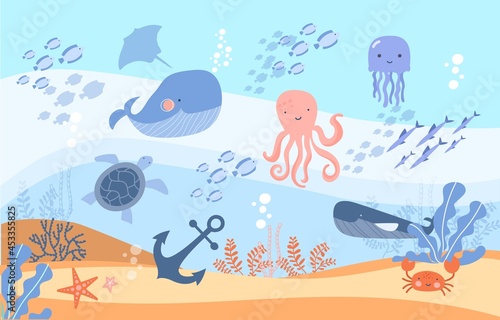 Sea world dwellers concept. Fish and wild marine animals in ocean. Coral reefs, schools of fish, sandy bottom, jellyfish, turtle and octopus. Cartoon flat vector illustration for printing on paper