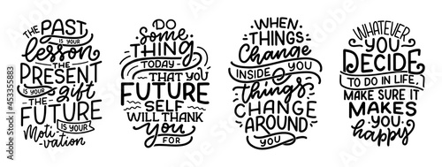 Set with lettering slogans about be yourself. Funny quotes for blog, poster and print design. Modern calligraphy texts about selfcare. Vector
