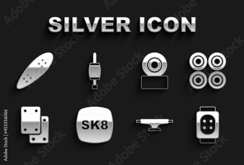 Set Skateboard, wheel, Knee pads, Longboard or skateboard and Screwdriver icon. Vector