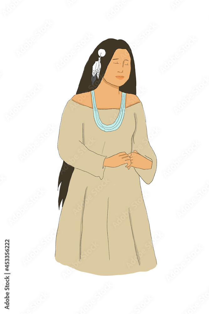 Indigenous woman standing with hands together Indigenous woman standing with hands together
