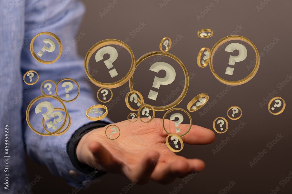 Businessman solving problem with digital question marks 3D rendering Businessman solving problem with digital question marks 3D rendering